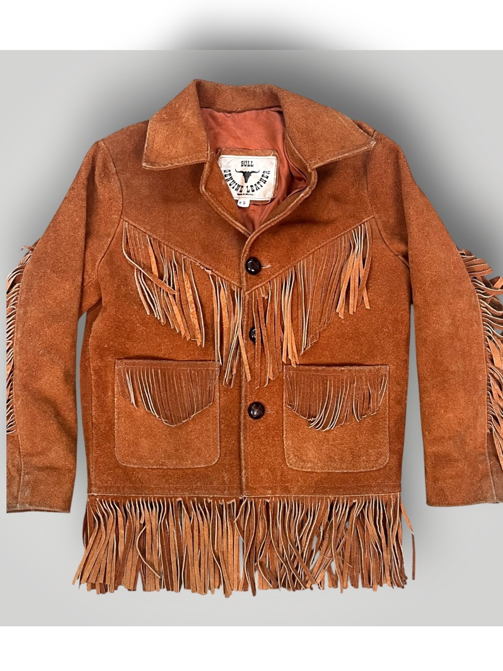 Vintage Genuine Suede Leather Fringe Jacket Boy XS Brown Cowboy Western Pioneer